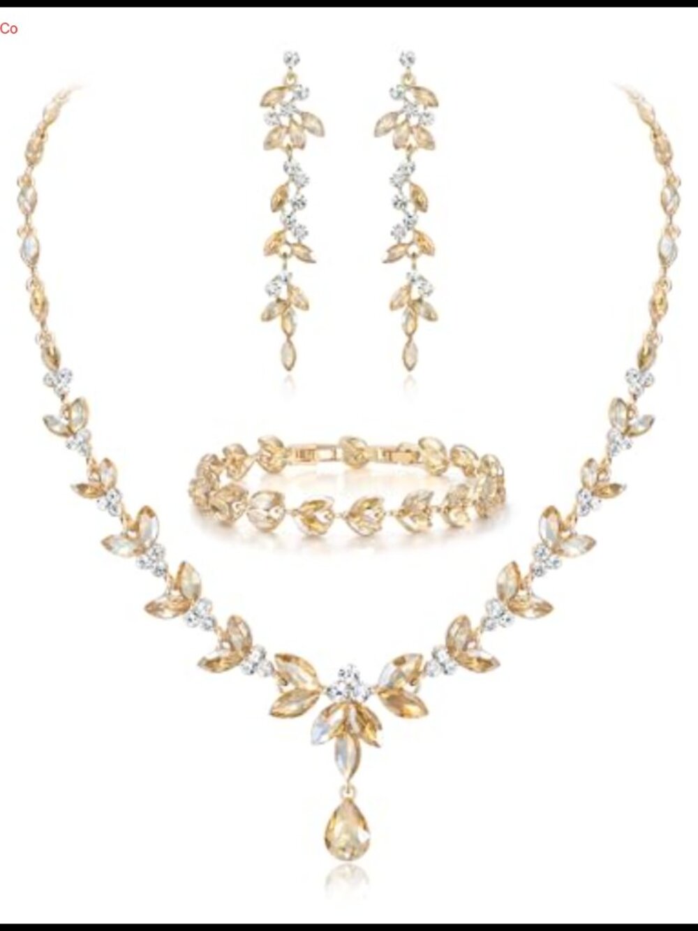Crystal Leaf Bridal Jewelry Set Necklace Earrings Bracelet Prom